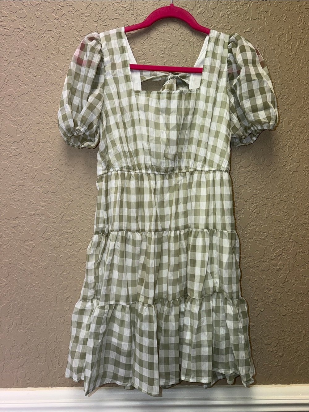 Mine Womens' Olive Gingham Tiered Square Neck mini Dress size m